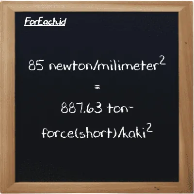 Cara konversi newton/milimeter<sup>2</sup> ke ton-force(short)/kaki<sup>2</sup> (N/mm<sup>2</sup> ke tf/ft<sup>2</sup>): 85 newton/milimeter<sup>2</sup> (N/mm<sup>2</sup>) setara dengan 85 dikalikan dengan 10.443 ton-force(short)/kaki<sup>2</sup> (tf/ft<sup>2</sup>)